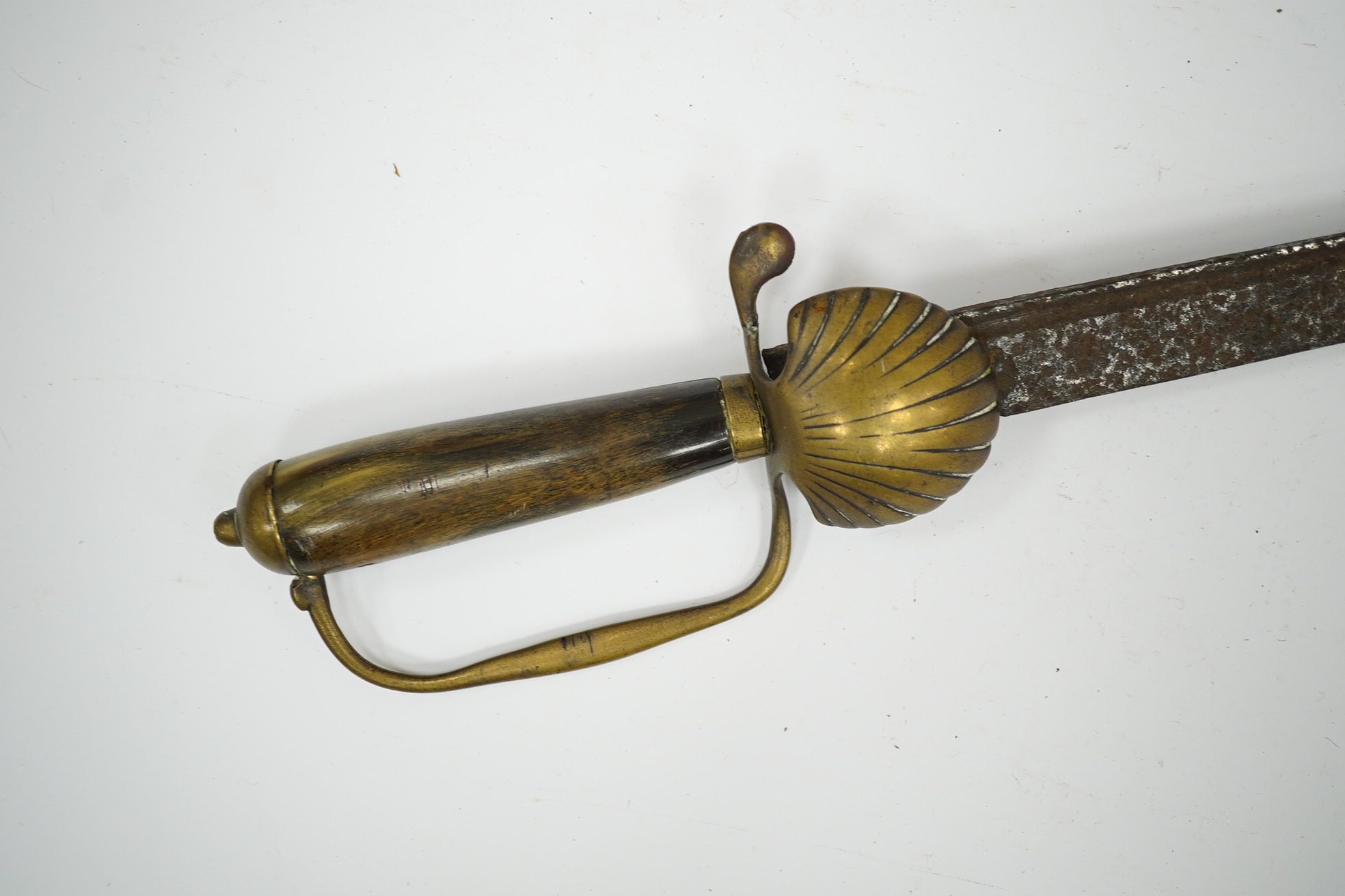 A horn gripped hunting short sword, brass hilt blade now heavily pitted, blade 45.5cm. Condition - poor